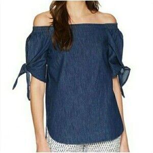 Lauren Ralph Lauren Size XL Blouse Off The Shoulder Chambray Tie Sleeve
